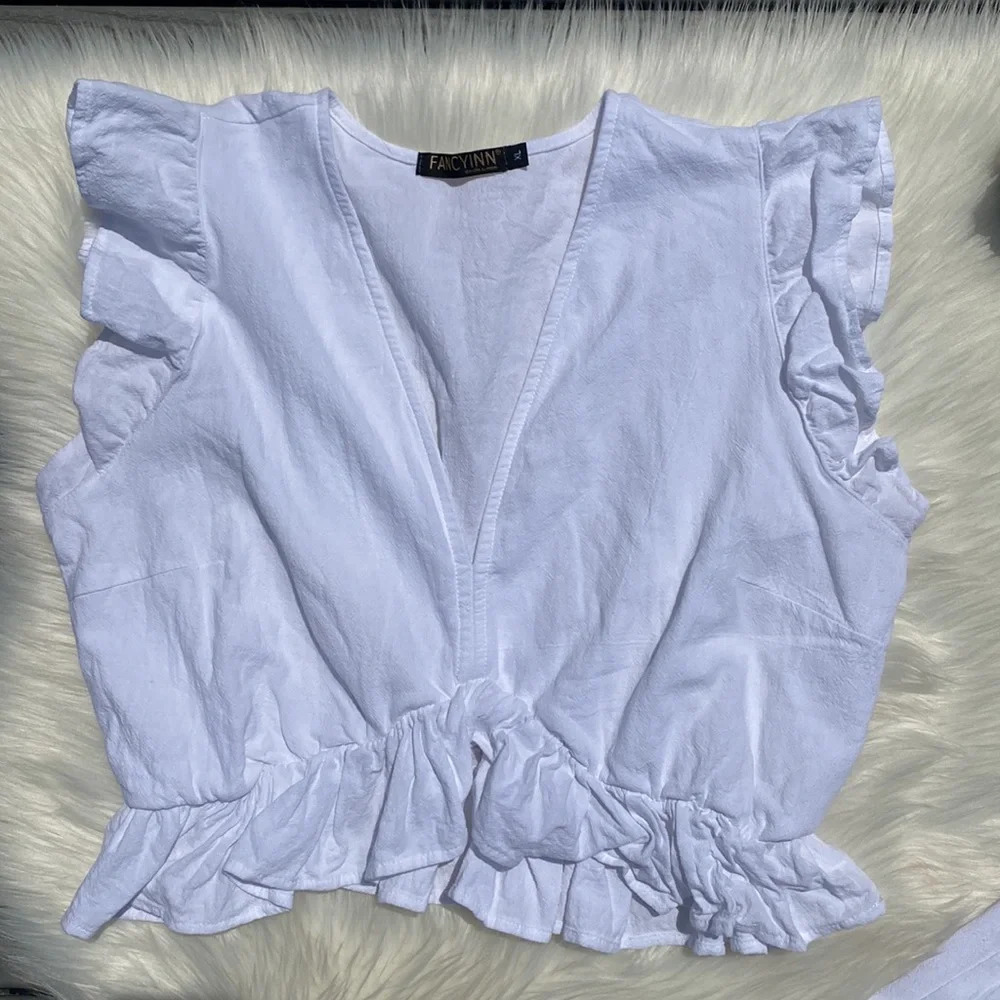 White two piece cropped top & side slit pant set - Picture 4 of 8